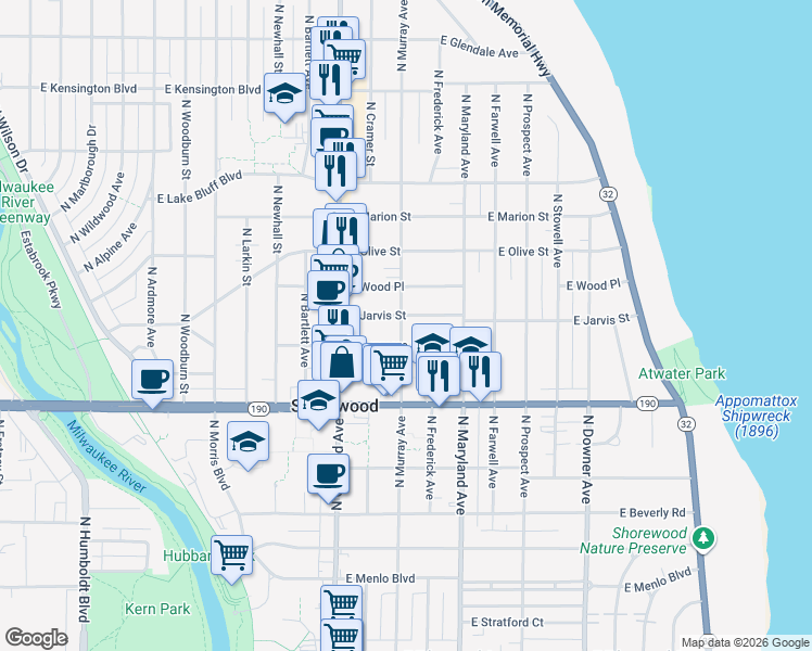 map of restaurants, bars, coffee shops, grocery stores, and more near 4103 North Murray Avenue in Shorewood