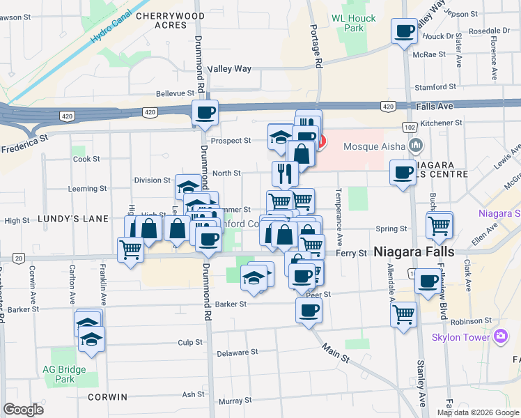 map of restaurants, bars, coffee shops, grocery stores, and more near Summer Street in Niagara Falls