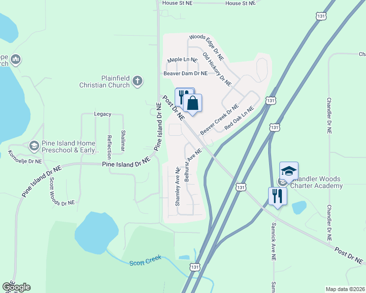 map of restaurants, bars, coffee shops, grocery stores, and more near 7276 Maize Drive Northeast in Plainfield charter Township