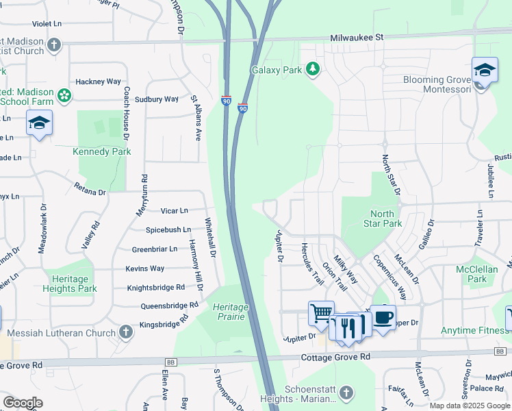 map of restaurants, bars, coffee shops, grocery stores, and more near 502 Apollo Way in Madison