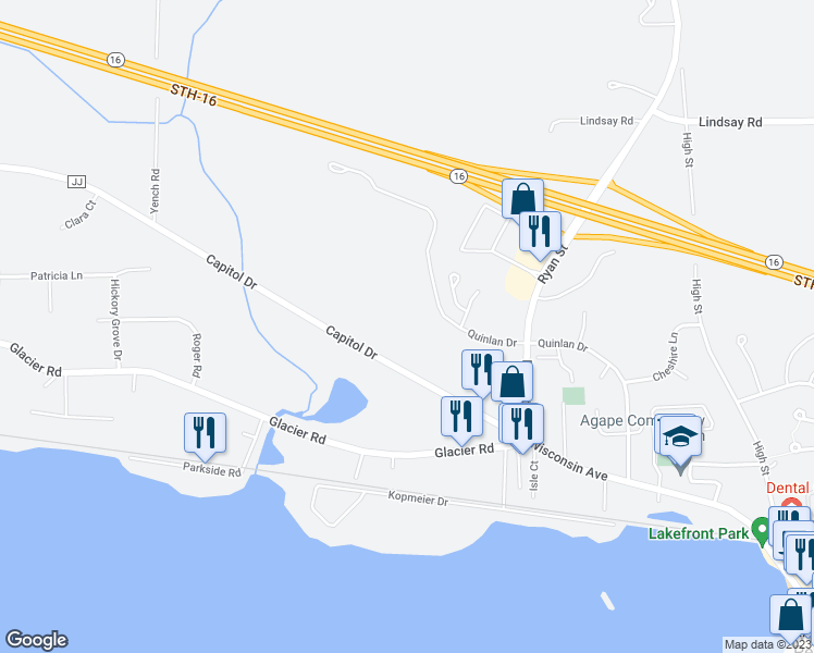map of restaurants, bars, coffee shops, grocery stores, and more near 853 Quinlan Drive in Pewaukee