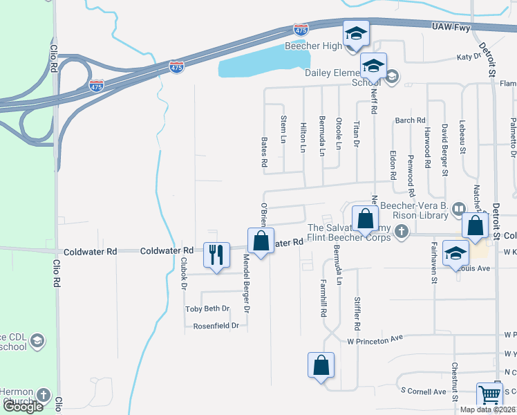 map of restaurants, bars, coffee shops, grocery stores, and more near 2198 O’Brien Road in Mount Morris