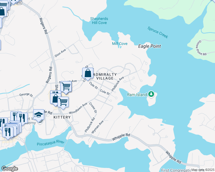 map of restaurants, bars, coffee shops, grocery stores, and more near 23 Dismukes Street in Kittery