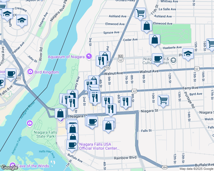 map of restaurants, bars, coffee shops, grocery stores, and more near 542 5th Street in Niagara Falls