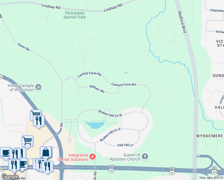 map of restaurants, bars, coffee shops, grocery stores, and more near Grey Fox Court in Pewaukee