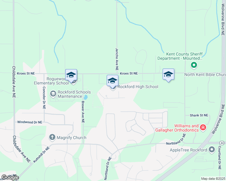 map of restaurants, bars, coffee shops, grocery stores, and more near 4100 Kroes Street Northeast in Rockford