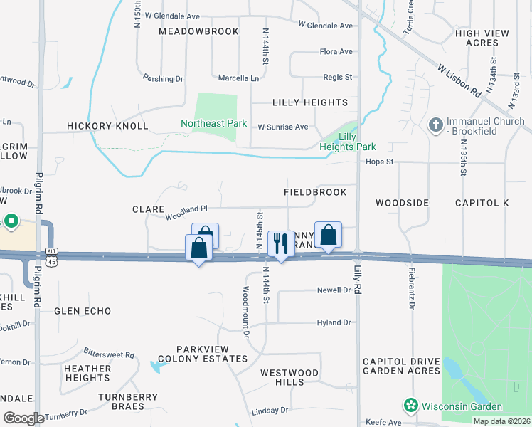 map of restaurants, bars, coffee shops, grocery stores, and more near 14450 Woodland Place in Brookfield