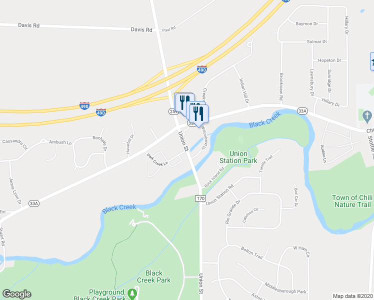 map of restaurants, bars, coffee shops, grocery stores, and more near Union Street & Park Creek Lane in Monroe County