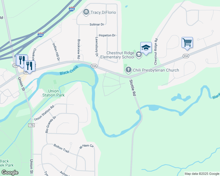 map of restaurants, bars, coffee shops, grocery stores, and more near 555 Audino Lane in Rochester