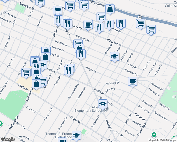 map of restaurants, bars, coffee shops, grocery stores, and more near 922 Rutger Street in Utica