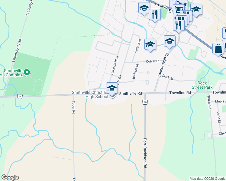 map of restaurants, bars, coffee shops, grocery stores, and more near 6485 Niagara Regional Road 14 in Smithville