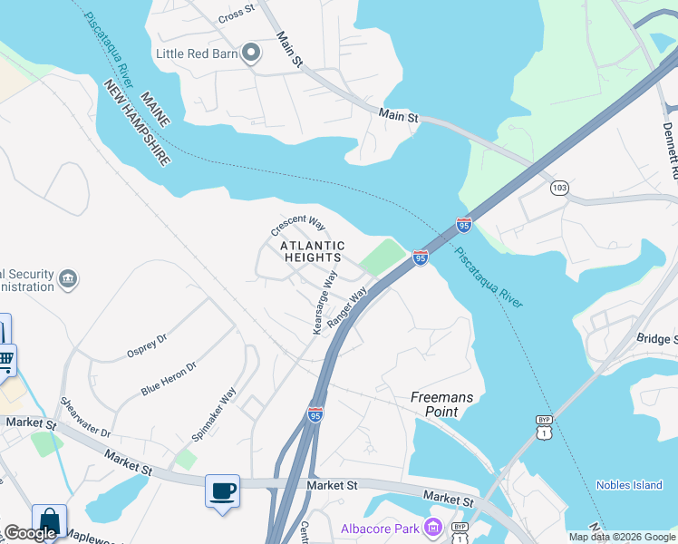 map of restaurants, bars, coffee shops, grocery stores, and more near 687 Kearsarge Way in Portsmouth