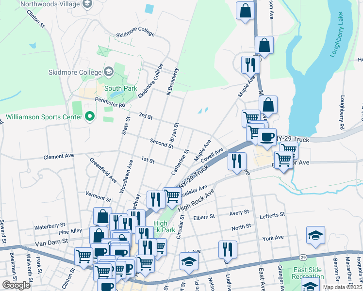 map of restaurants, bars, coffee shops, grocery stores, and more near 113 Catherine Street in Saratoga Springs