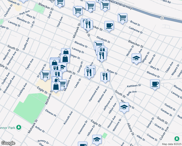 map of restaurants, bars, coffee shops, grocery stores, and more near 1013 Belmont Avenue in Utica