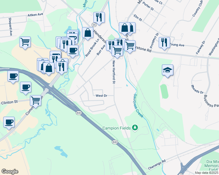 map of restaurants, bars, coffee shops, grocery stores, and more near 40 New Hartford Street in New York Mills
