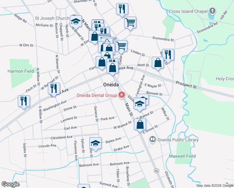 map of restaurants, bars, coffee shops, grocery stores, and more near in Oneida