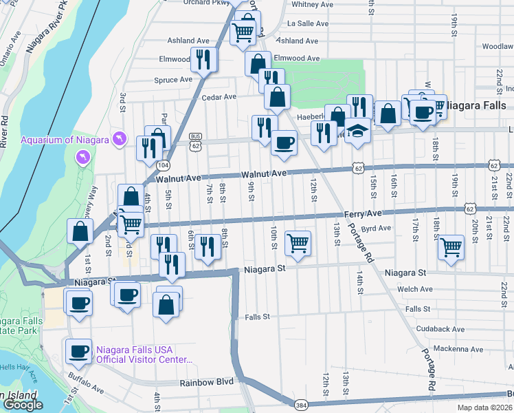 map of restaurants, bars, coffee shops, grocery stores, and more near 537 9th Street in Niagara Falls