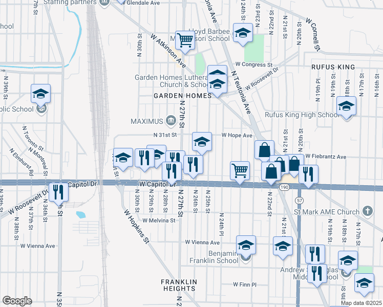 map of restaurants, bars, coffee shops, grocery stores, and more near 4114 North 27th Street in Milwaukee