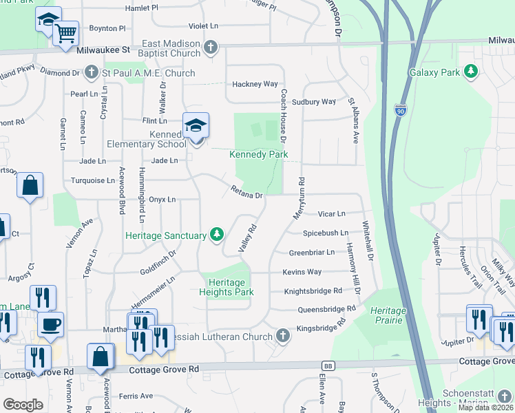 map of restaurants, bars, coffee shops, grocery stores, and more near 5117 Retana Drive in Madison