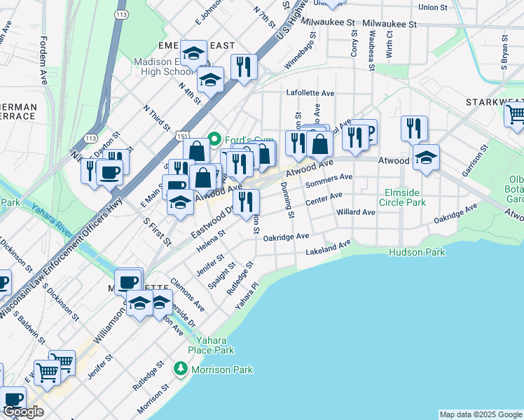 map of restaurants, bars, coffee shops, grocery stores, and more near 2105 Sommers Avenue in Madison