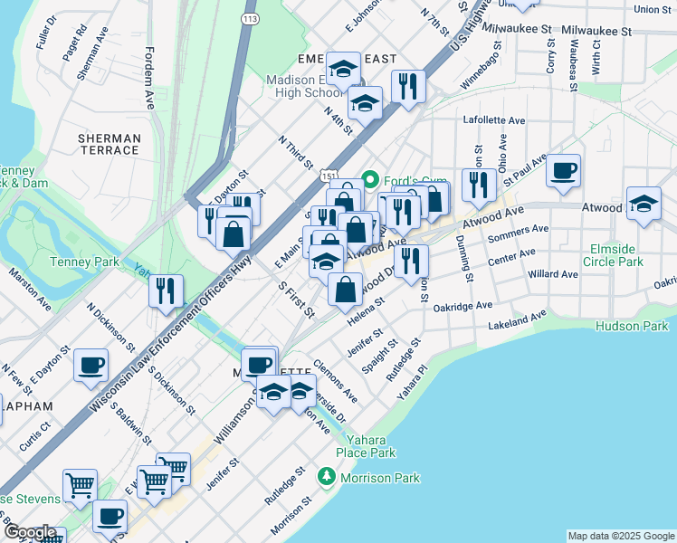 map of restaurants, bars, coffee shops, grocery stores, and more near in Madison