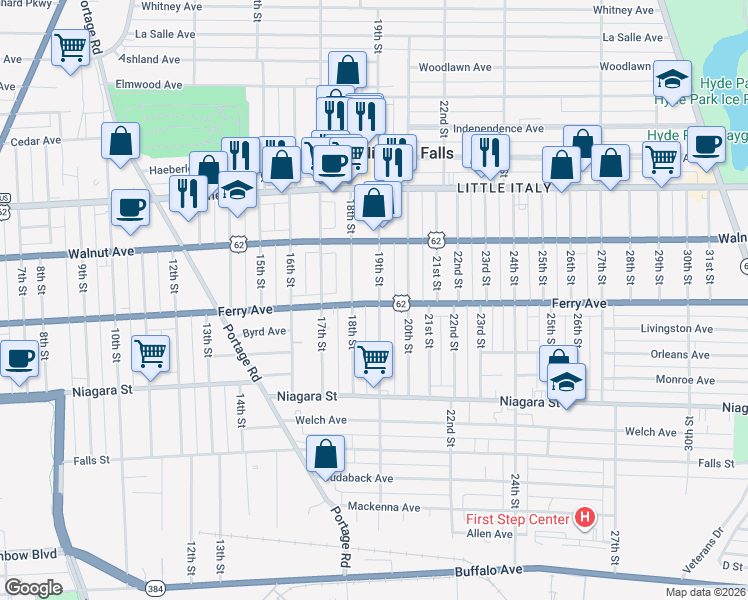 map of restaurants, bars, coffee shops, grocery stores, and more near 502 19th Street in Niagara Falls