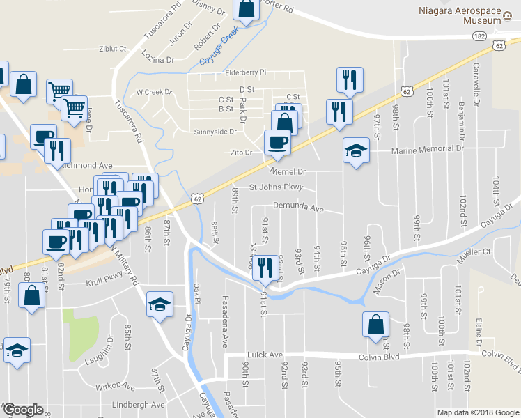 map of restaurants, bars, coffee shops, grocery stores, and more near 1278 91st Street in Niagara Falls