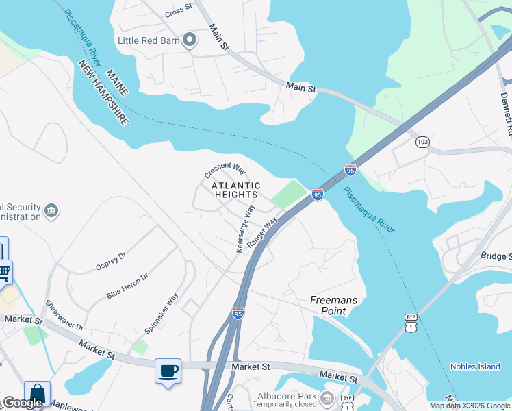 map of restaurants, bars, coffee shops, grocery stores, and more near 687 Kearsarge Way in Portsmouth