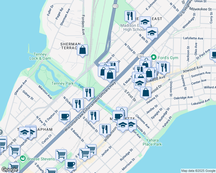 map of restaurants, bars, coffee shops, grocery stores, and more near 1868 East Washington Avenue in Madison