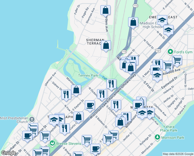 map of restaurants, bars, coffee shops, grocery stores, and more near 1445 East Johnson Street in Madison