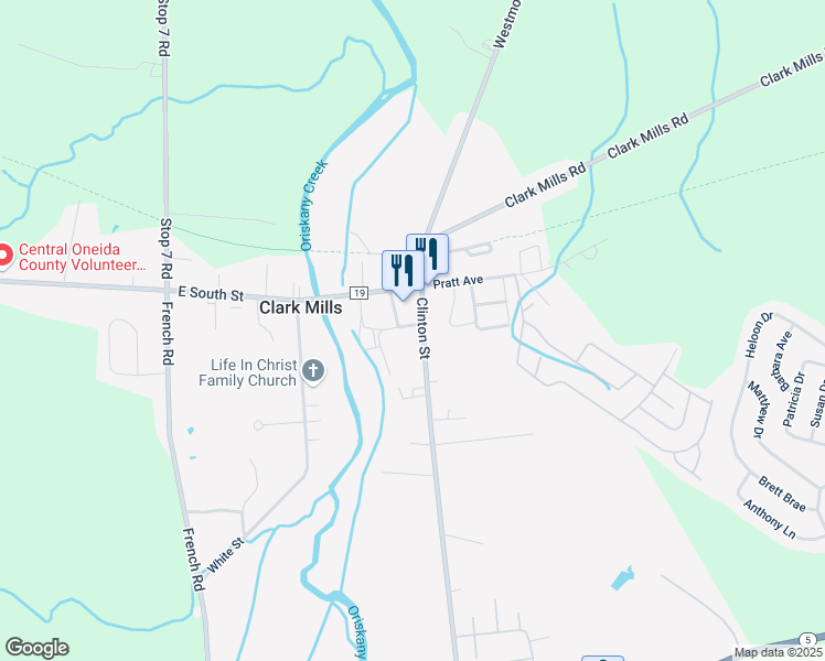 map of restaurants, bars, coffee shops, grocery stores, and more near 4865 Clinton Street in Clark Mills
