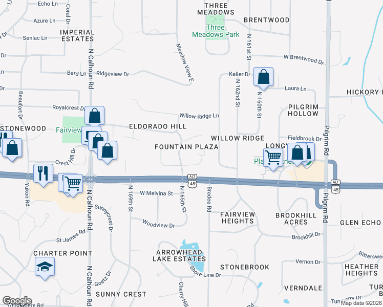 map of restaurants, bars, coffee shops, grocery stores, and more near 4110 Fountain Plaza Drive in Brookfield