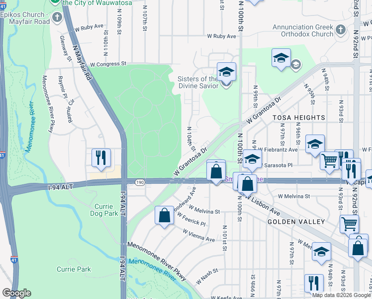 map of restaurants, bars, coffee shops, grocery stores, and more near 4129 North 104th Street in Milwaukee
