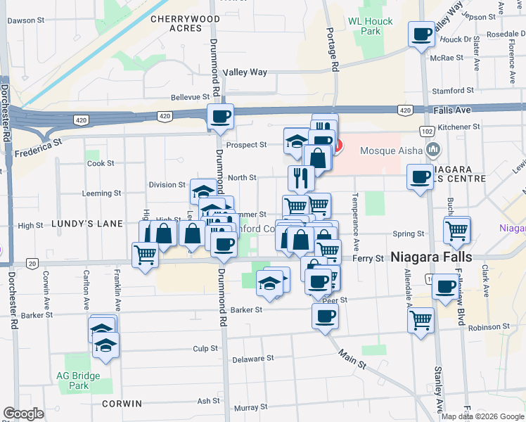 map of restaurants, bars, coffee shops, grocery stores, and more near 6075 Summer Street in Niagara Falls