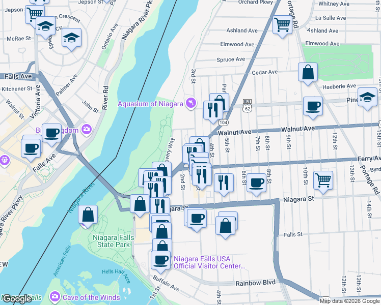 map of restaurants, bars, coffee shops, grocery stores, and more near 549 2nd Street in Niagara Falls