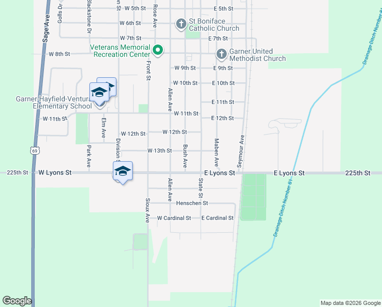map of restaurants, bars, coffee shops, grocery stores, and more near 100-198 West 13th Street in Garner
