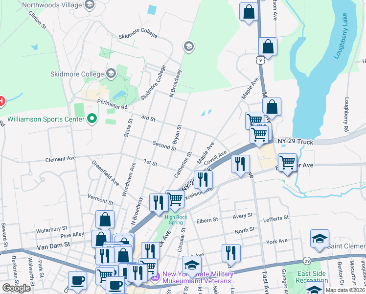 map of restaurants, bars, coffee shops, grocery stores, and more near 113 Catherine Street in Saratoga Springs