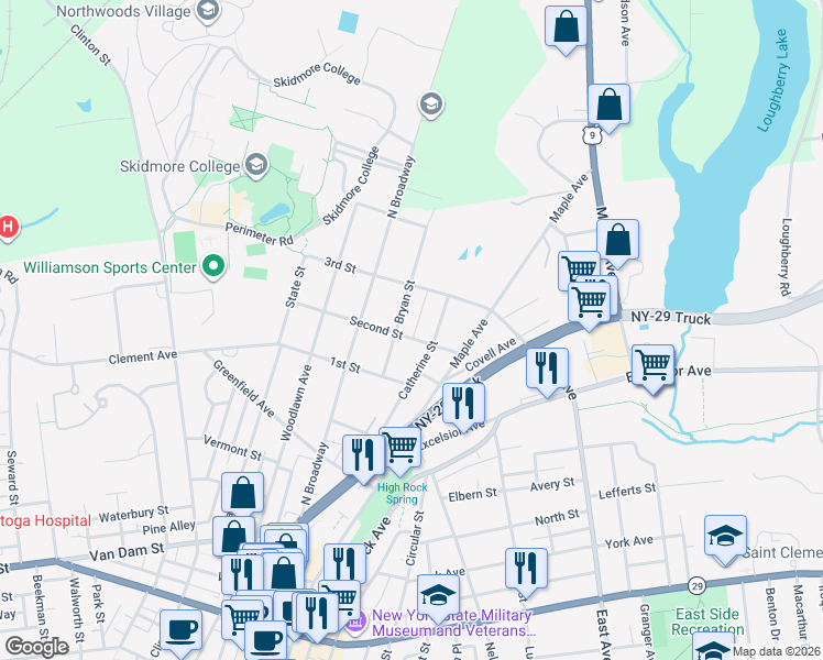map of restaurants, bars, coffee shops, grocery stores, and more near 113 Catherine Street in Saratoga Springs