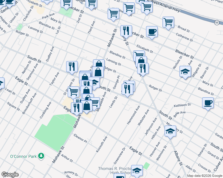 map of restaurants, bars, coffee shops, grocery stores, and more near 1009 Young Place in Utica