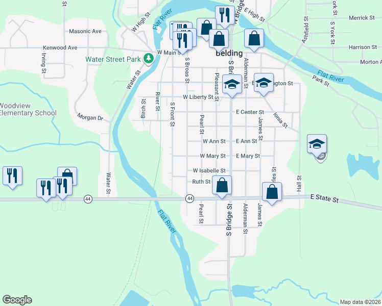 map of restaurants, bars, coffee shops, grocery stores, and more near 709 Pearl Street in Belding