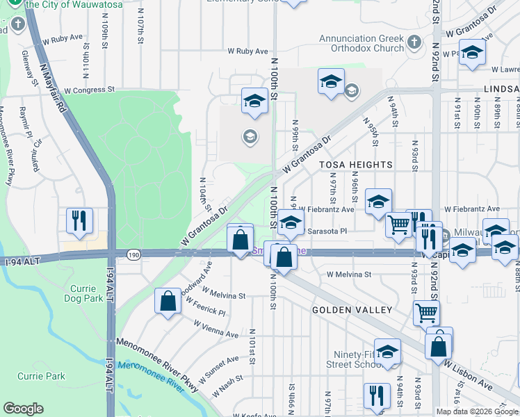 map of restaurants, bars, coffee shops, grocery stores, and more near 4131 North 100th Street in Milwaukee