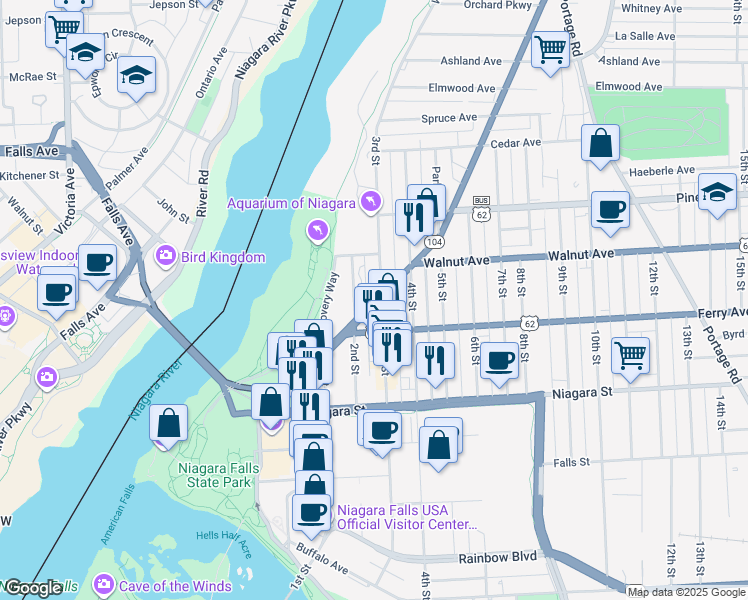 map of restaurants, bars, coffee shops, grocery stores, and more near 549 2nd Street in Niagara Falls