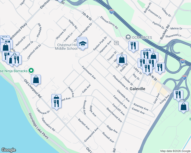 map of restaurants, bars, coffee shops, grocery stores, and more near 332 Fairmount Avenue in Liverpool