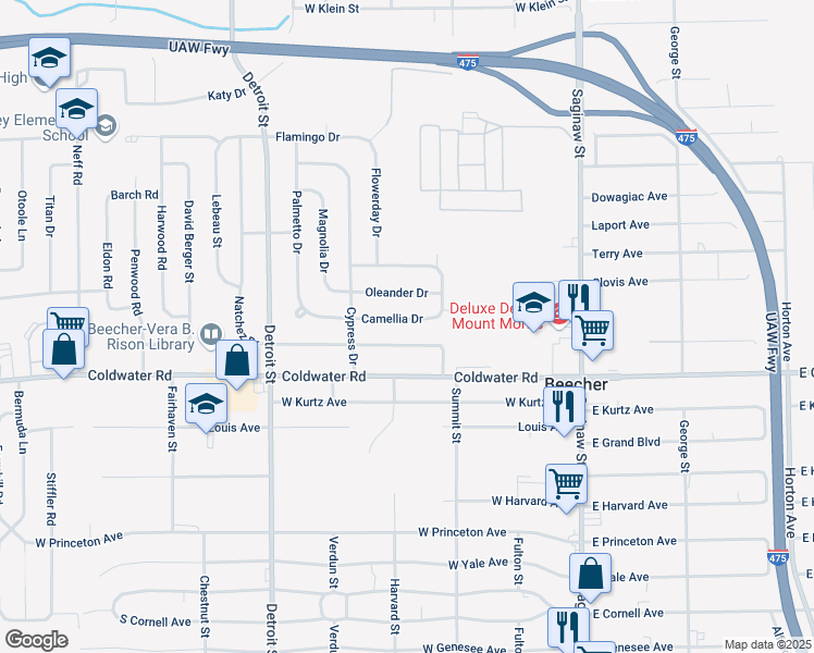 map of restaurants, bars, coffee shops, grocery stores, and more near 1194 Camellia Drive in Mount Morris Township