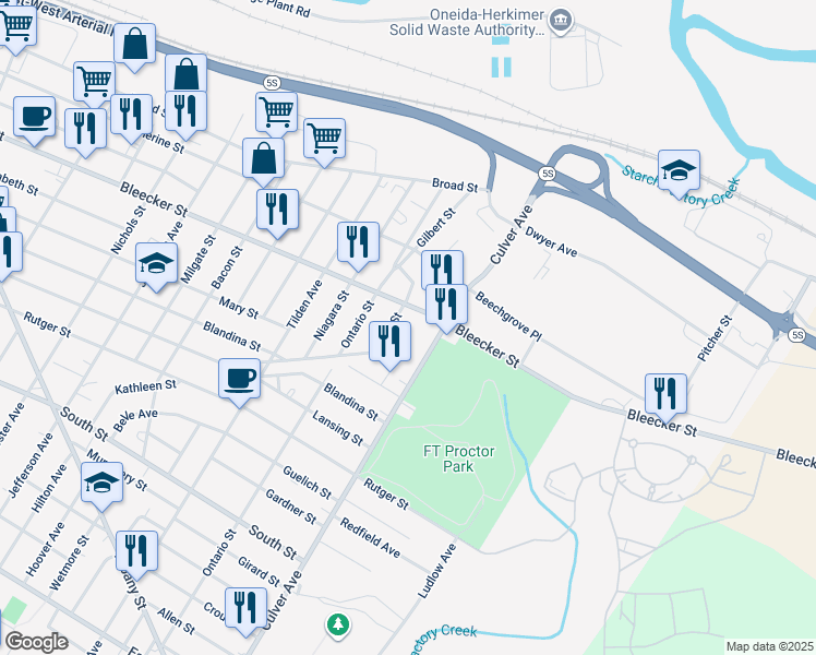 map of restaurants, bars, coffee shops, grocery stores, and more near 1900 Oscar Street in Utica