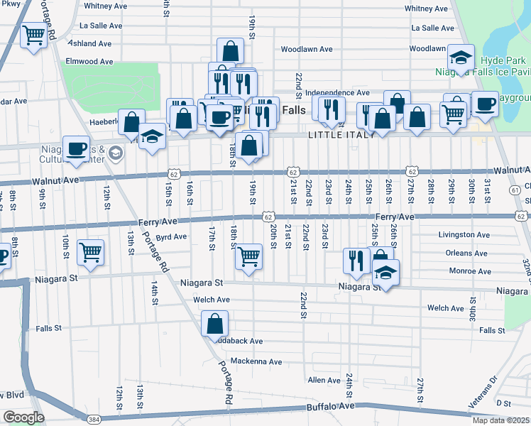 map of restaurants, bars, coffee shops, grocery stores, and more near 1916 Ferry Avenue in Niagara Falls