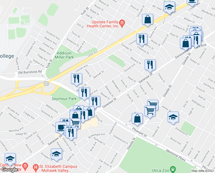 map of restaurants, bars, coffee shops, grocery stores, and more near 1629 Sunset Avenue in Utica