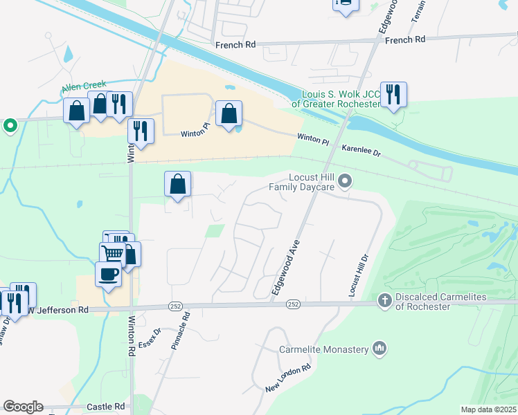 map of restaurants, bars, coffee shops, grocery stores, and more near 768 Surrey Hill Way in Rochester