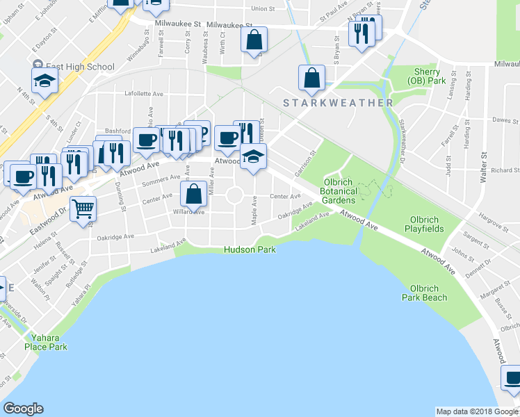 map of restaurants, bars, coffee shops, grocery stores, and more near 517 Maple Avenue in Madison