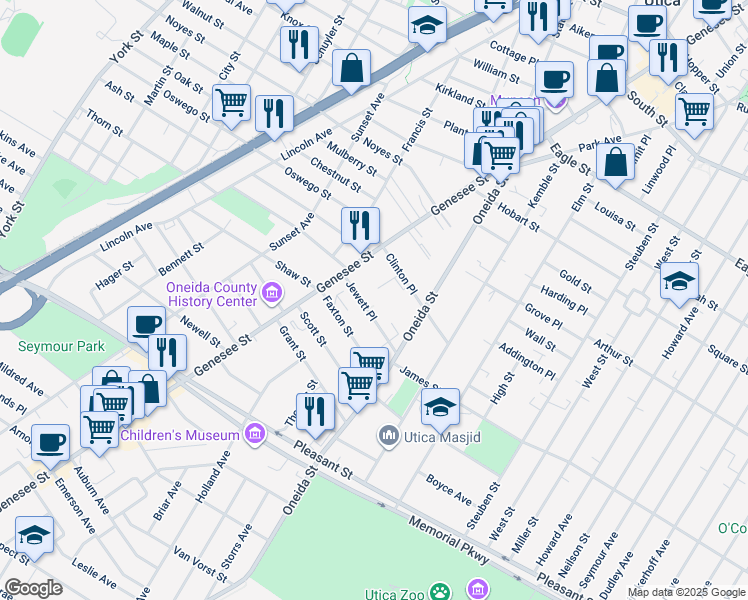 map of restaurants, bars, coffee shops, grocery stores, and more near 14 Clinton Place in Utica